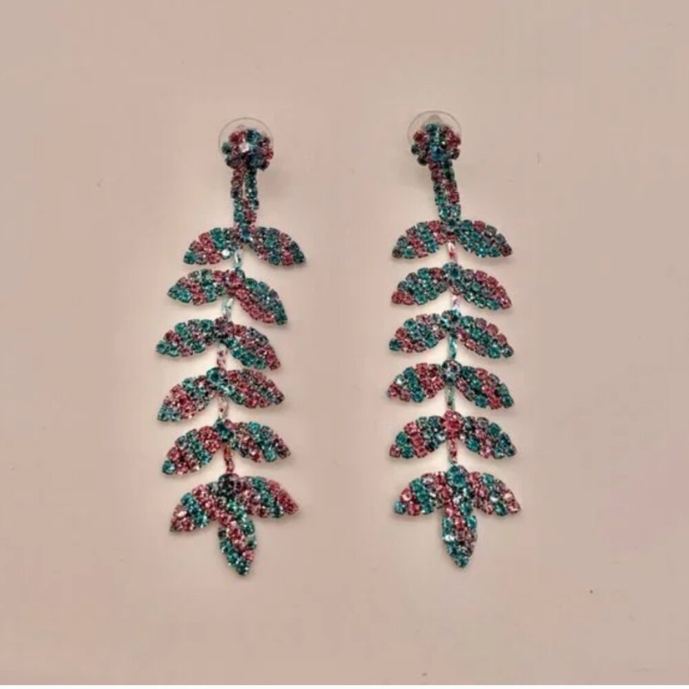 ⭐❤️❤️ FREE Leaf Rhinestone Ombre Drop Tiered Chic Glam Party Classy Art Earrings